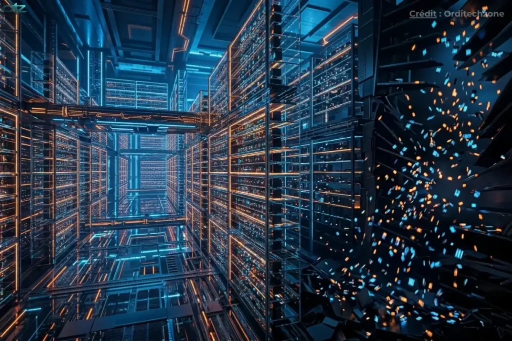 Représentation conceptuelle d'un SSD sous forme de bibliothèque futuriste avec des données en désordre après une coupure de courant inattendue.