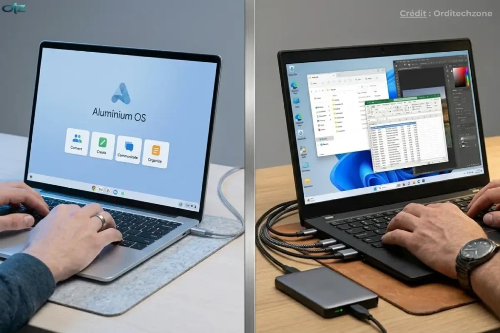 Bureau organisé avec un moniteur central, un ordinateur portable et un smartphone, tous connectés et affichant une interface de bureau Android unifiée.