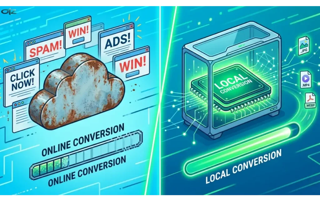 Comparaison entre la vitesse locale pour convertir des fichiers sur Windows et la lenteur des convertisseurs en ligne.