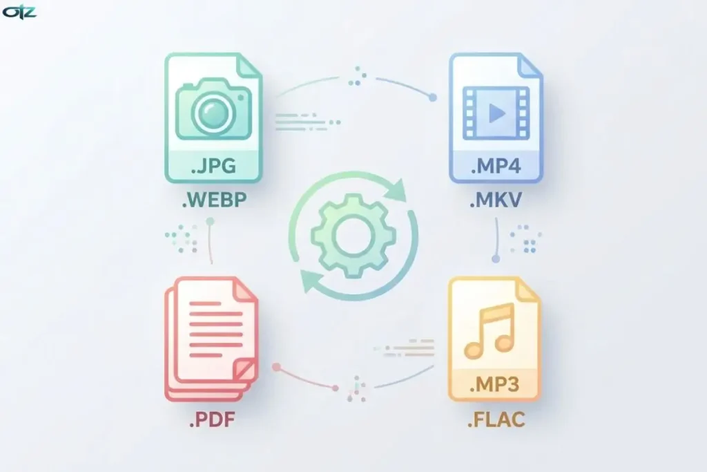 Icônes multimédias illustrant la capacité de File Converter à convertir des fichiers sur Windows aux formats MP4, MP3 et WebP.