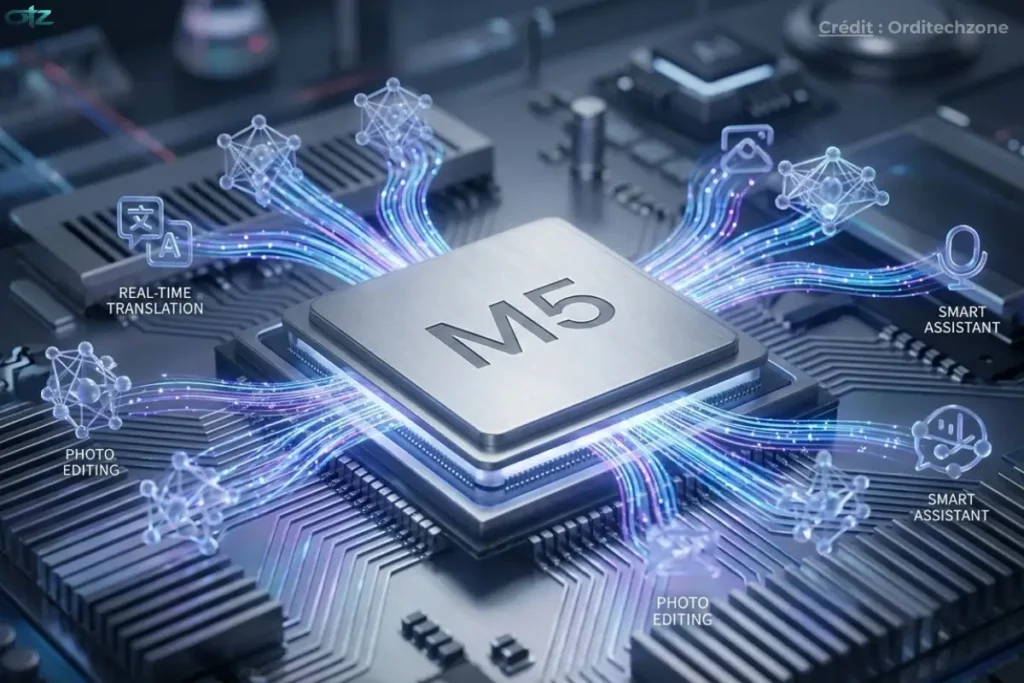 Illustration technologique montrant un processeur M5 central sur une carte mère. Des rayons lumineux se propagent vers des symboles holographiques et des textes indiquant des fonctions d'IA : 'TRADUCTION EN TEMPS RÉEL', 'ÉDITION PHOTO' et 'ASSISTANT INTELLIGENT'