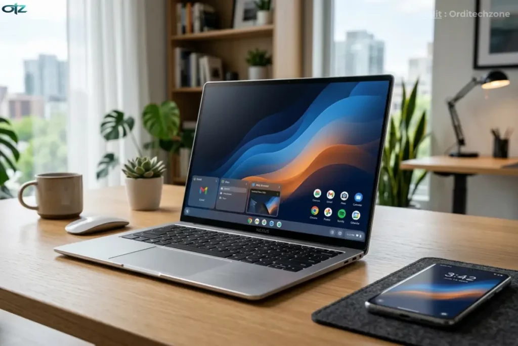 Ordinateur portable sous Aluminium OS : l'alternative Android pour remplacer Windows sur PC en 2026 sur un bureau en bois avec une interface hybride Androïdesque sur l'écran et un smartphone Pixel à côté.