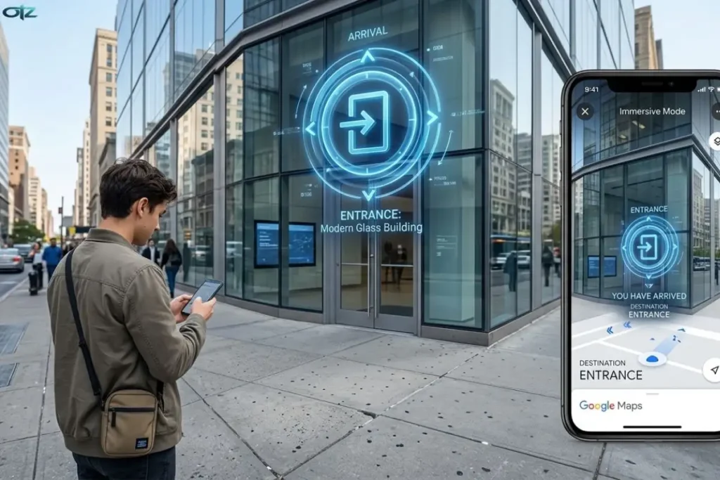 Un jeune homme debout sur un trottoir en ville, regardant son smartphone. À sa droite, un grand smartphone flottant affiche l'interface 'Immersive Mode' de Google Maps, montrant un modèle 3D du bâtiment en face de lui, avec une superposition d'informations de navigation 'ARRIVAL' et 'ENTRANCE: Modern Glass Building' et une flèche indiquant la direction à suivre.