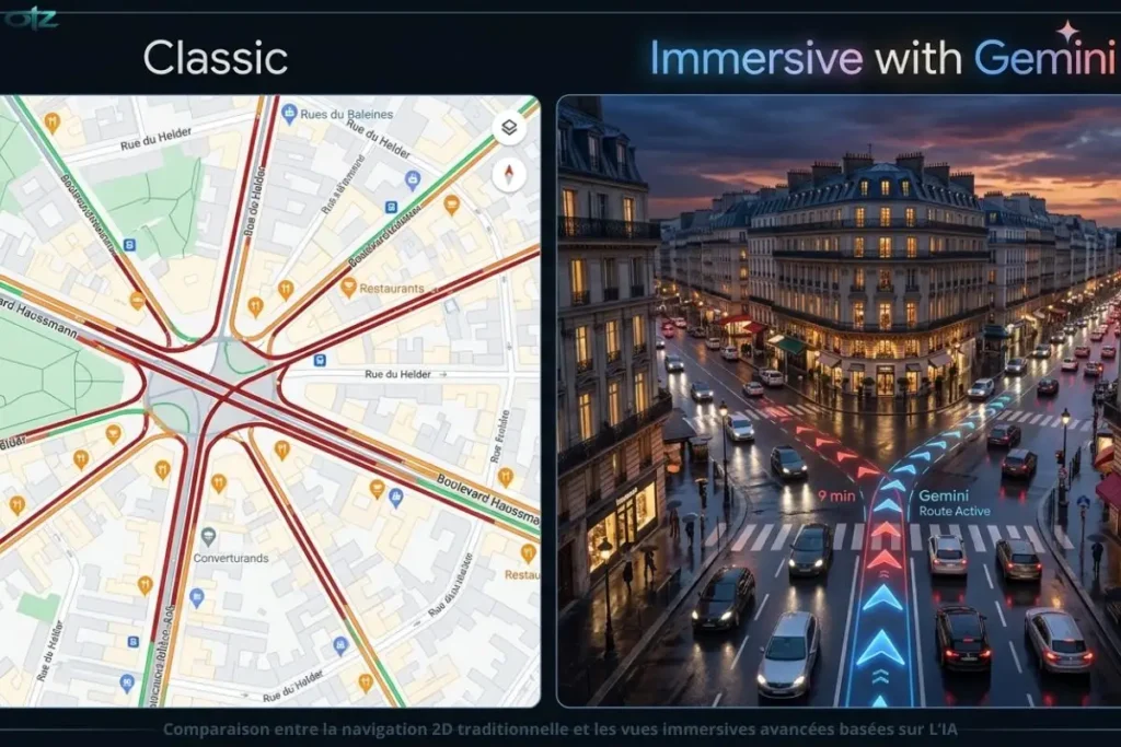 Une comparaison côte à côte de deux vues de la navigation urbaine : à gauche, une carte 2D 'Classic' avec des lignes rouges et vertes pour le trafic ; à droite, une vue 'Immersive with Gemini' en 3D réaliste au crépuscule, montrant les bâtiments, les voitures et une flèche de navigation bleue superposée sur la route avec l'indication 'Gemini Route Active'.