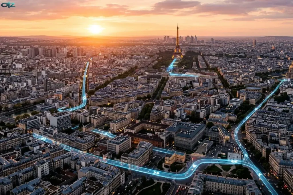 Aperçu aérien en 3D de l'Immersive Navigation sur Google Maps au-dessus d'une ville au coucher du soleil.