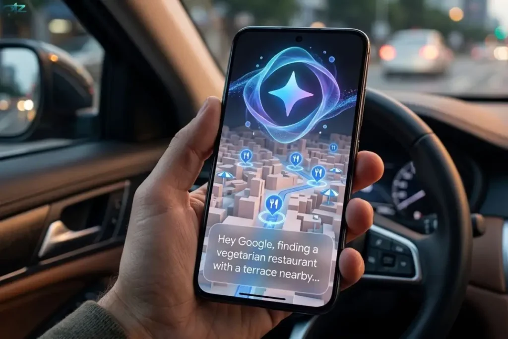 Une vue rapprochée de l'habitacle d'une voiture, montrant un conducteur tenant un smartphone. L'écran du téléphone affiche une interface de navigation Google Maps avec une superposition graphique futuriste de lignes et de symboles lumineux, recherchant des restaurants végétariens à proximité avec des bulles de texte 'Hey Google, finding a vegetarian restaurant with a terrace nearby