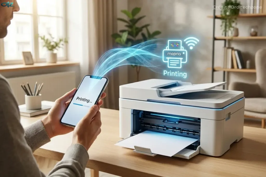 Utilisateur imprimant sans fil depuis un smartphone grâce au standard Mopria sur Windows 11,orditechzone