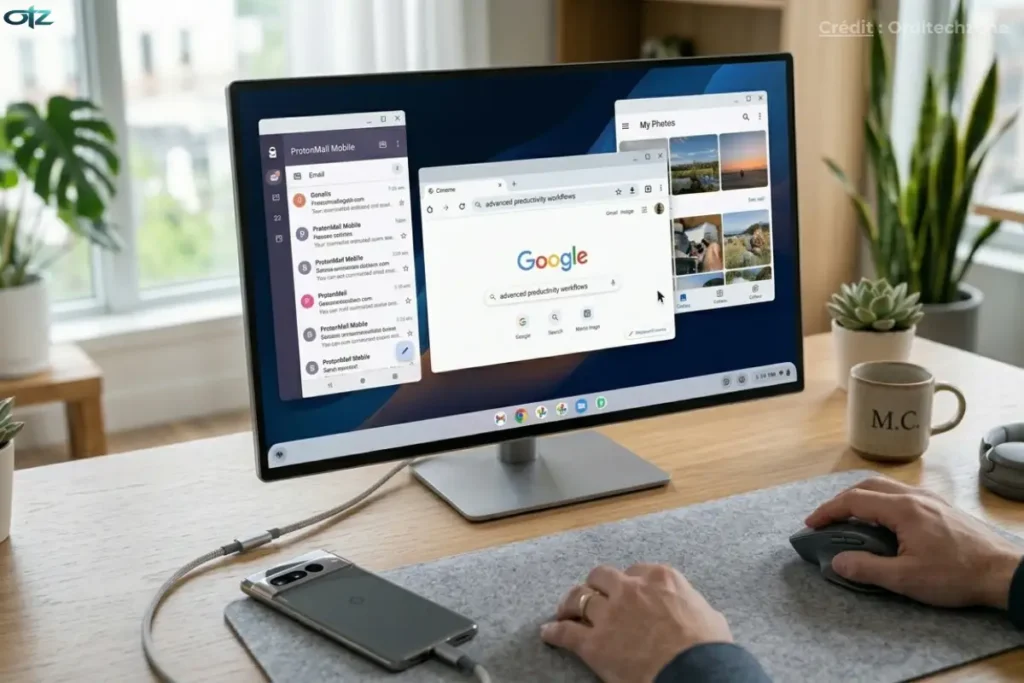 Utilisateur travaillant sur un bureau avec un ordinateur portable et un grand moniteur, les deux affichant plusieurs fenêtres d'applications Android.