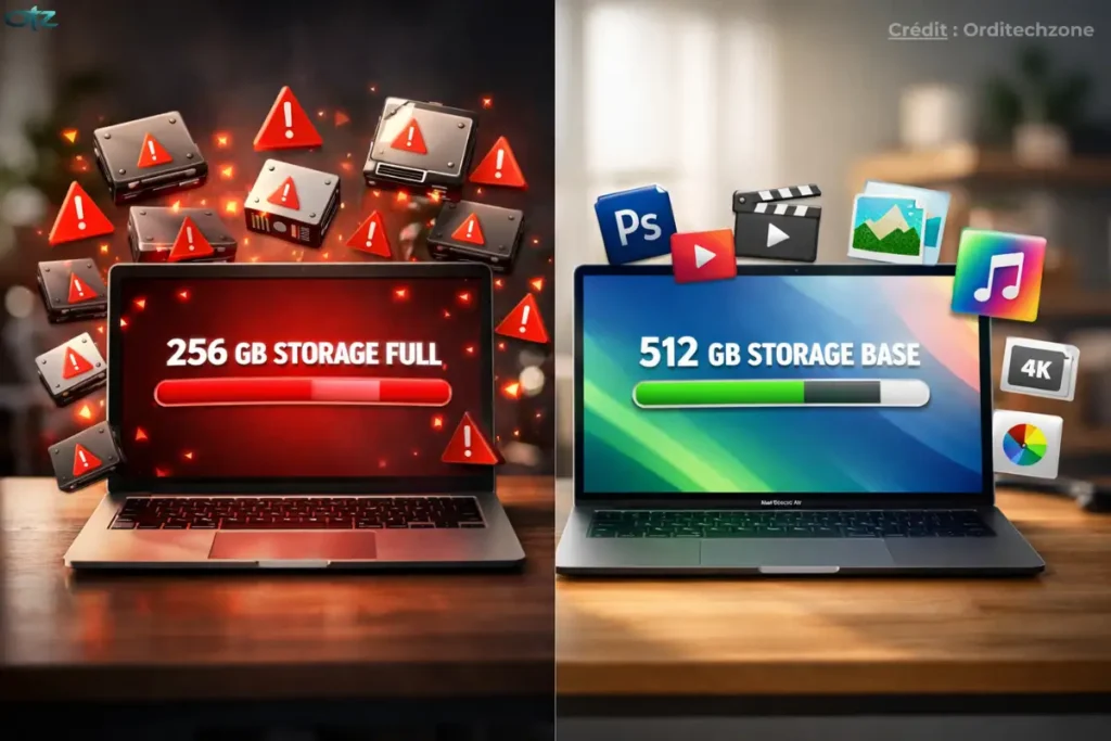 fFaut-il acheter le nouveau MacBook Air M5 pour son stockage de 512 Go : comparaison visuelle entre un ordinateur portable 256 Go saturé avec barre rouge et un MacBook Air 512 Go avec barre verte illustrant plus d’espace et de performance.
