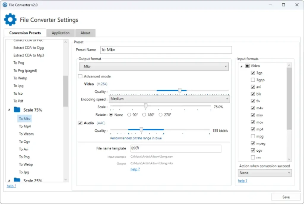 file converter settings