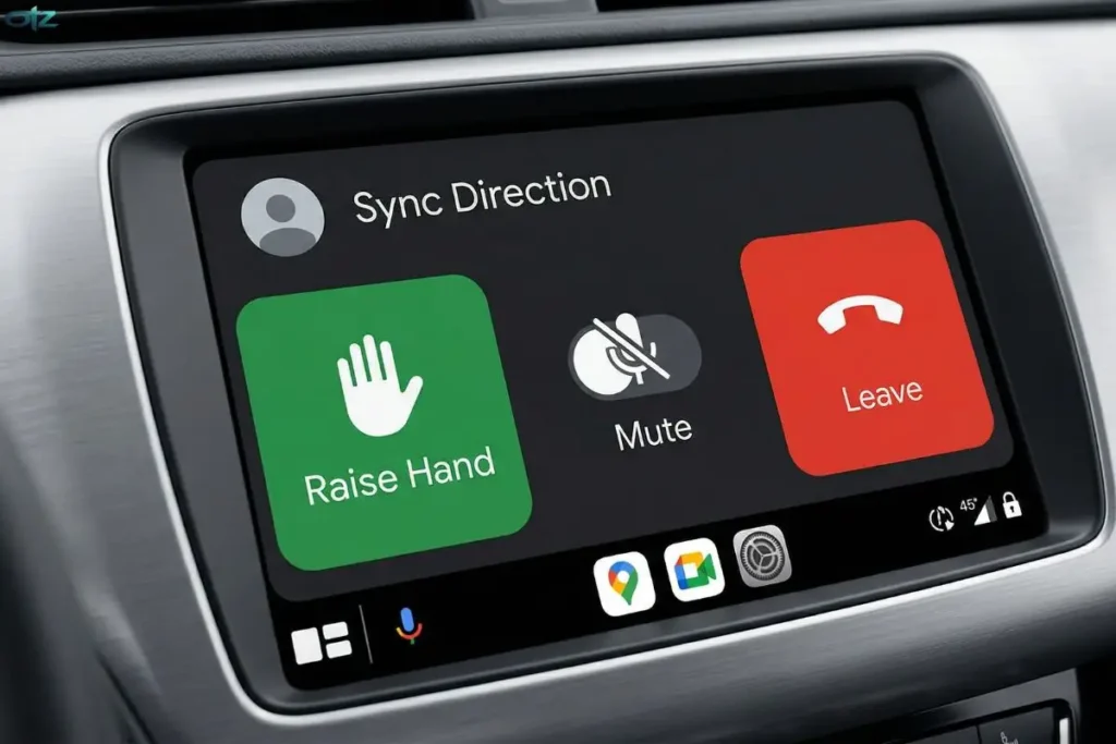 Gros plan sur l'écran tactile d'une voiture montrant les gros boutons simplifiés et l'interface audio de Google Meet sur Apple CarPlay