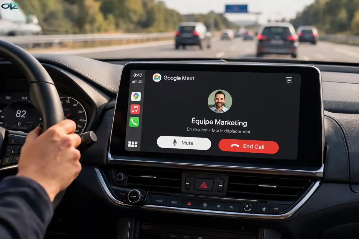 Photographie de l'interface Google Meet sur Apple CarPlay affichant le mode 'En déplacement' audio uniquement sur l'écran d'un tableau de bord de voiture en circulation