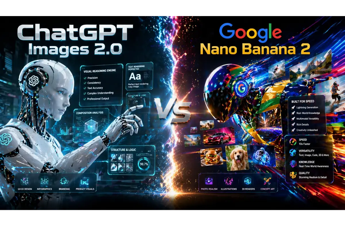 une affiche comparative ultra premium en format 16:9, style duel technologique futuriste, mettant en scène deux intelligences artificielles ChatGPT Images 2.0 vs Nano Banana 2