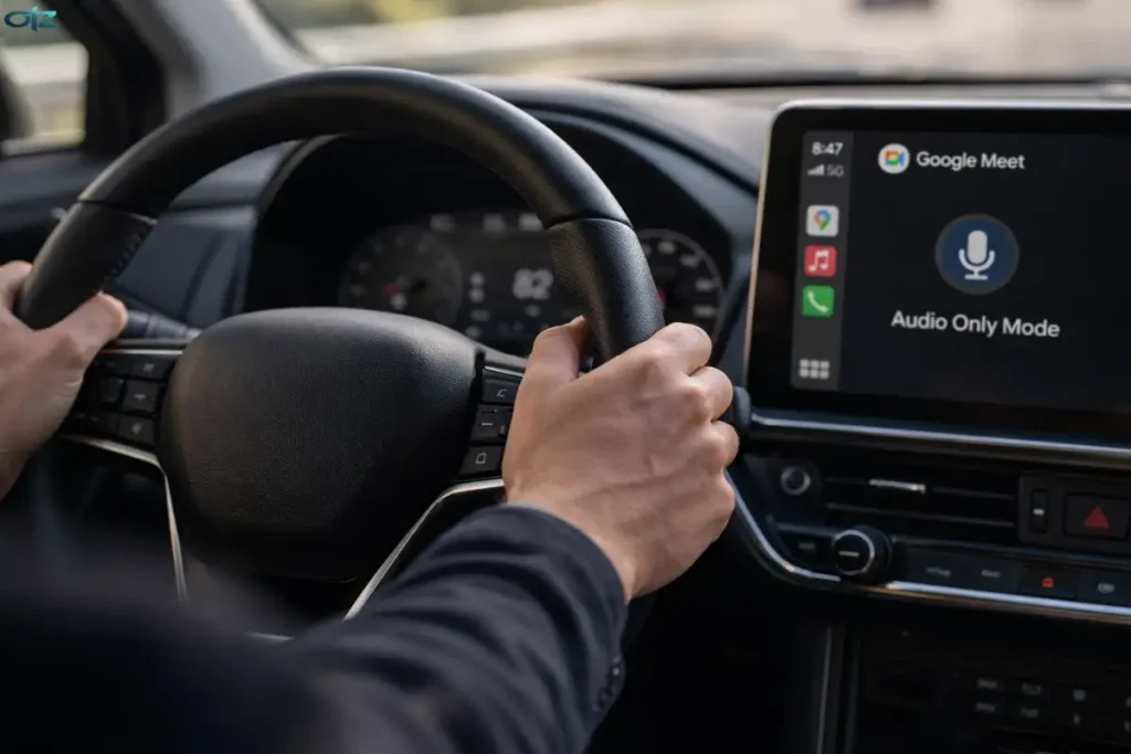 Plan rapproché des mains d'un conducteur sur le volant, avec l'application Google Meet sur Apple CarPlay active en arrière-plan pour une réunion en voiture mains libres