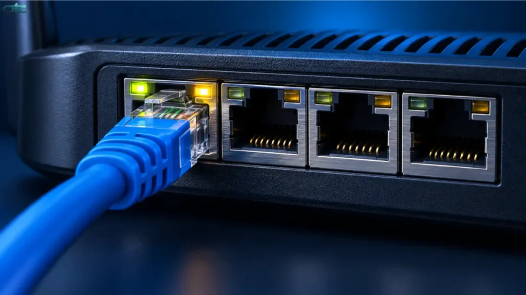 Câble Ethernet connecté à un port réseau d’un routeu