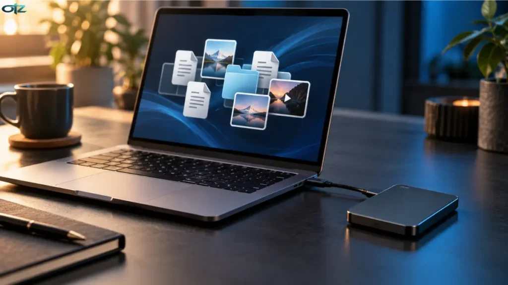 Ordinateur portable relié à un support externe pour sauvegarder ses fichiers
